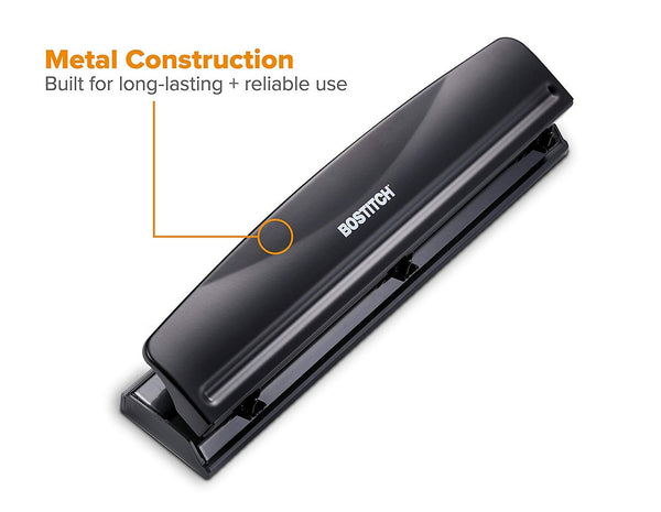 Bostitch Office 3 Hole Punch, Durable Metal, Rubber Base, 12 Sheets, Black 12 Sheet Black