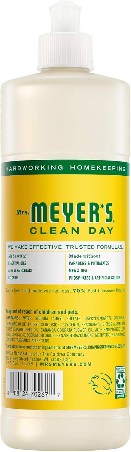 MRS. MEYER'S CLEAN DAY Liquid Dish Soap, Biodegradable Formula, Honeysuckle, 16 