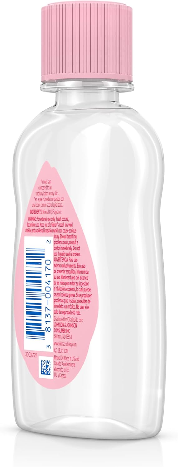 Johnson's Baby Oil, Pure Mineral Oil to Prevent Moisture Loss for Newborn, Kids, & Adults, Gentle, Soothing Baby Massage Oil, Dry Skin Relief,