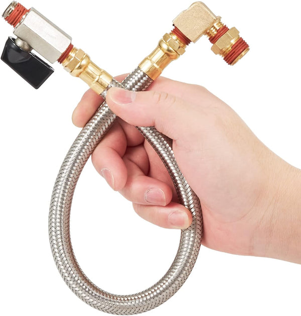 Extended Tank Drain Valve Assembly Kit Flexible Braided Steel Tube 15 Inch 1/4 Inch NPT Pipe Fitting for Air Compressor