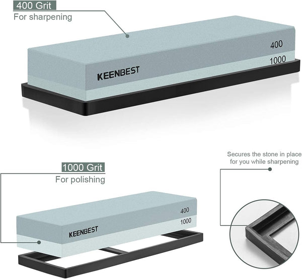 KEENBEST Actual Grit Premium Material Sharpening Stone 2 Side 400 1000 Whetstone Set Kitchen Knife Sharpener Stone Wet Stones for Sharping Knives