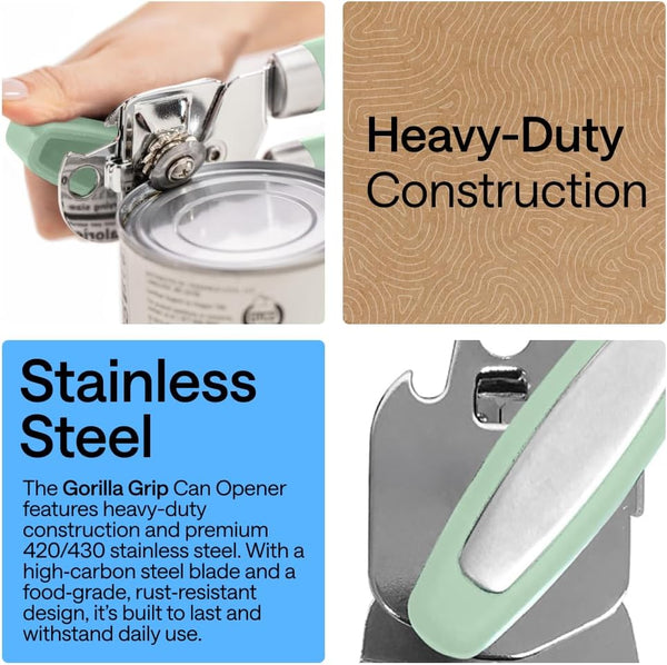GORILLA GRIP Heavy Duty Stainless Steel Smooth Edge Manual Can Opener and Bottle Openers, Soft Comfortable Handle, Oversized Handheld Turn Knob,