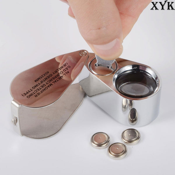 40X Full Metal Illuminated Jewelry Loop Magnifier, XYK Pocket Folding Magnifying Glass Jewelers Eye Loupe with LED(LED Currency Detecting/Jewelry