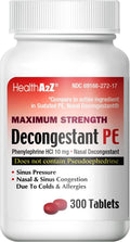 HealthA2Z® Decongestant PE, Phenylephrine HCl 10mg, Sinus Relief, 300 Count 300 Count, 10mg (Pack of 1)