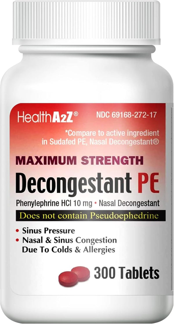 HealthA2Z® Decongestant PE, Phenylephrine HCl 10mg, Sinus Relief, 300 Count 300 Count, 10mg (Pack of 1)