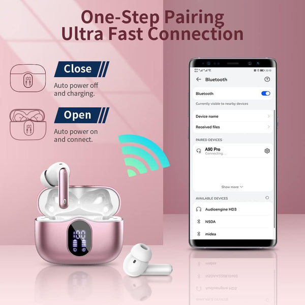 Wireless Earbuds Bluetooth 5.4 Headphones Bass Stereo Ear Buds with Noise Cancelling Mic LED Display in Ear Earphones IP7 Waterproof 36H Playtime