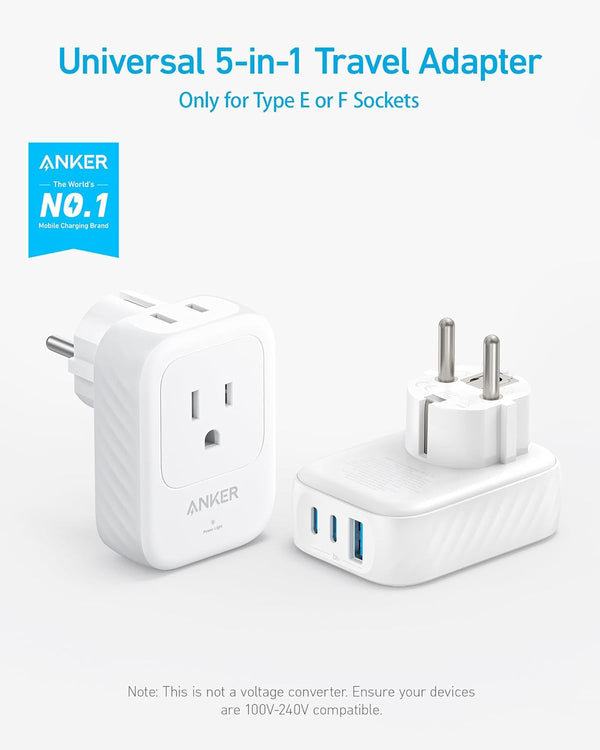 Anker European Travel Plug Adapter, 15W USB-C & 2 AC Outlets, Fits Type E/F Sockets, Compact for Iphone, Ipad & More (Not Compatible with Type L/G