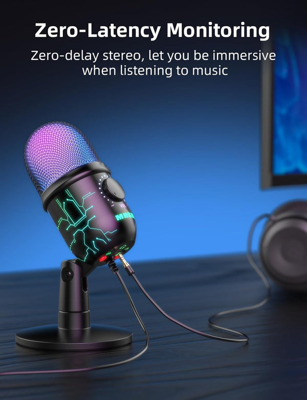 Gaming Microphone, USB Computer Microphone for PC, Mac, PS4/5, Condenser Podcast Mic for Studio Recording, Youtube, Streaming, with Headphone