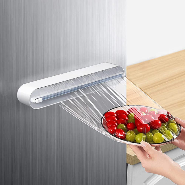 Refillable Magnetic Plastic Wrap Dispenser with Slide Cutter, Sturdy Food Cling Film Cutter, Press and Seal Wrap, 12" X 