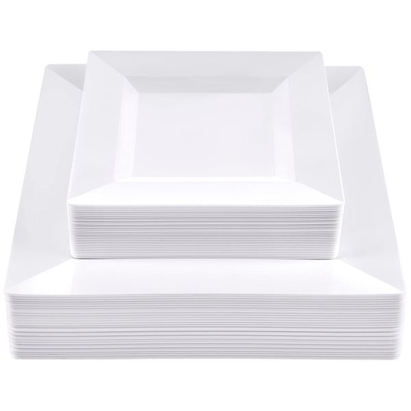 SETUP 60-Piece White Square Plastic Dinnerware Set – 30 9.5" Dinner & 30 6.5" Salad Plates – Heavy-Duty Disposable for Weddings, Catering, Parties