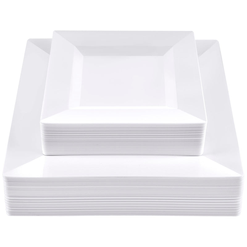 SETUP 60-Piece White Square Plastic Dinnerware Set – 30 9.5" Dinner & 30 6.5" Salad Plates – Heavy-Duty Disposable for Weddings, Catering, Parties