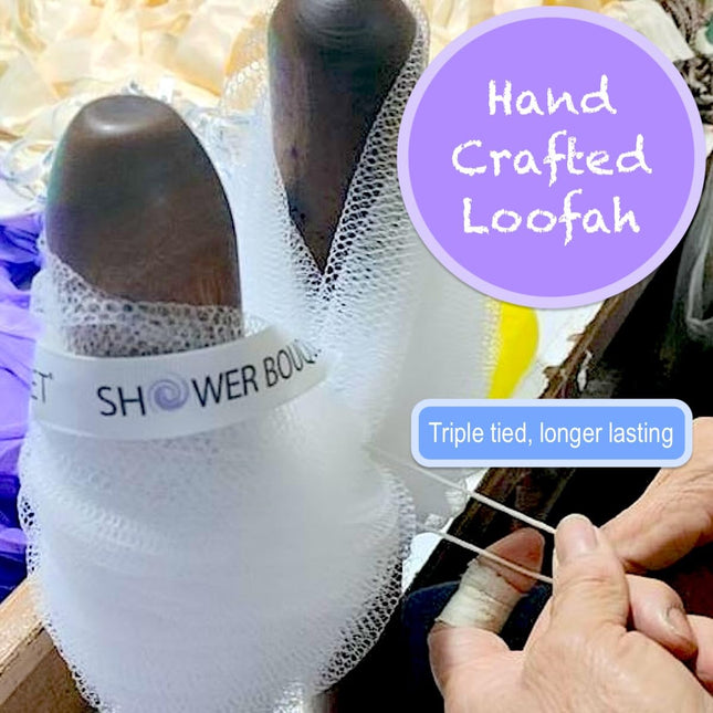 SHOWER BOUQUET Loofah-Charcoal Back-Scrubber & Bath-Sponge Set // 1 Long-Handle-Back-Brush Plus 2 Extra Large 75g Soft M