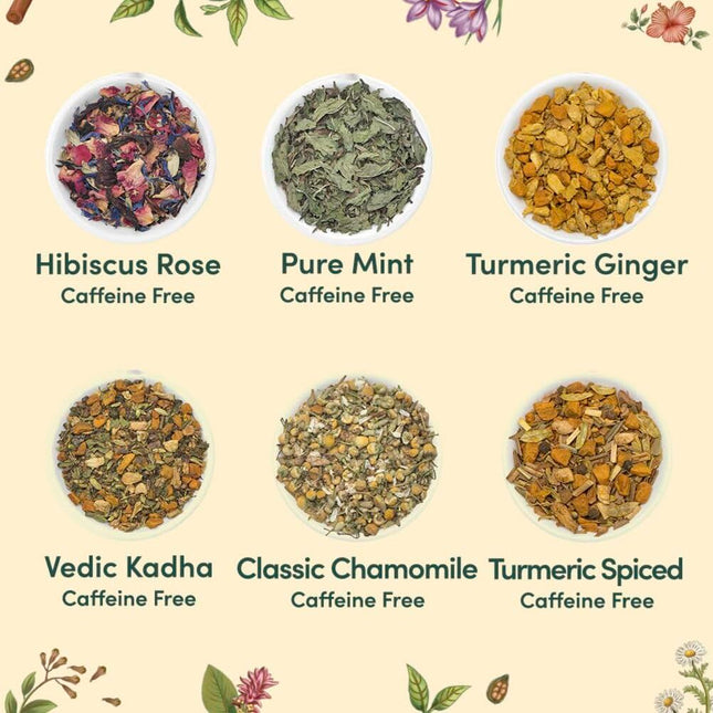 VAHDAM, Assorted Herbal Tea Variety Pack (6 Variants, 36 Tea Bags) Caffeine Free