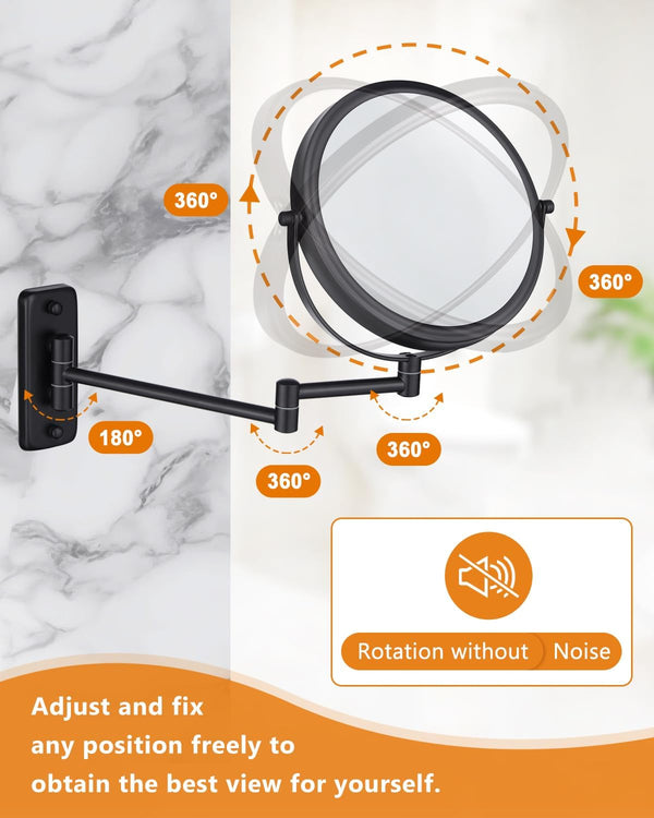 Wall Mounted Makeup Mirror - 1X/10X Magnifying Mirror for Wall, 8 Inch Double Sided 360Â° Swivel Extendable Bathroom Mirror for Shaving, Black