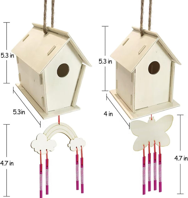 Crafts for Kids Ages 4-8 - 4 Pack DIY Bird House Wind Chime Kit - Build and Paint Birdhouses Wooden Arts Kits Easter Basket Stuffers Gifts for