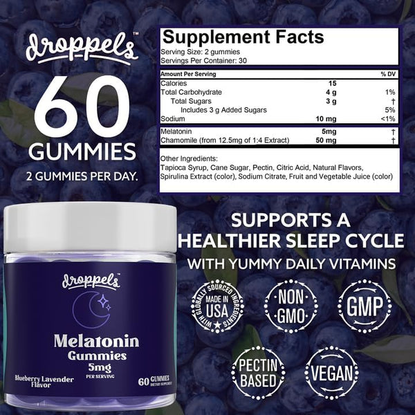 Droppels Melatonin Gummies for Adults – 5mg Sleep Support, Vegan & Plant-Based with Chamomile, Natural Sleep Aid for Falling Asleep Faster &