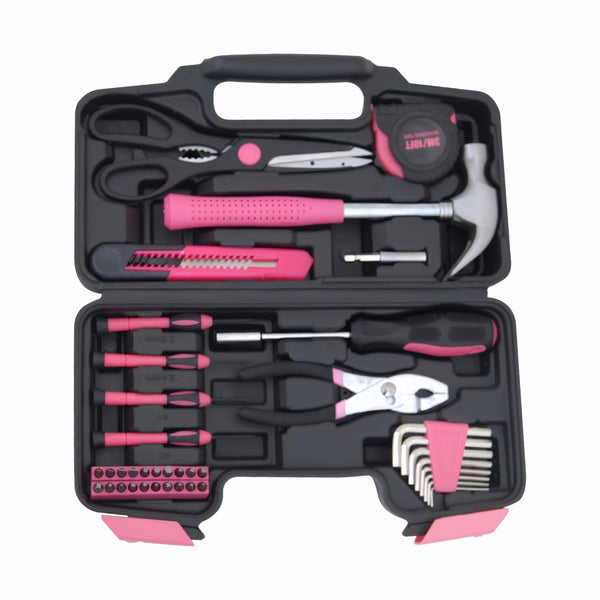 Hantinstom 39-Piece Household Tools Kit Essential Home Repair Set with Plastic Toolbox Ideal for College Students, Home Use & More 39pcs-PINK