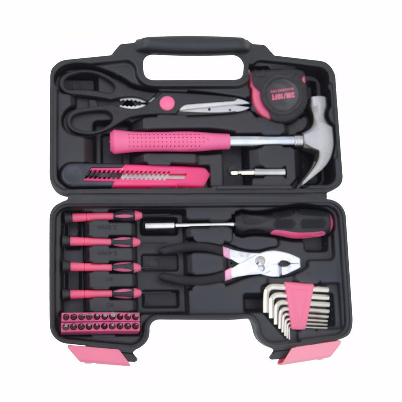 Hantinstom 39-Piece Household Tools Kit Essential Home Repair Set with Plastic Toolbox Ideal for College Students, Home Use & More 39pcs-PINK