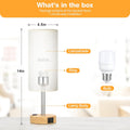 Fenmzee Bedside Table Lamp for Bedroom - 3 Way Dimmable Touch Lamp USB C Charging Ports and AC Outlet, Small Lamp Wood Base Round Flaxen Fabric