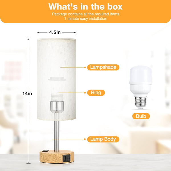 Fenmzee Bedside Table Lamp for Bedroom - 3 Way Dimmable Touch Lamp USB C Charging Ports and AC Outlet, Small Lamp Wood Base Round Flaxen Fabric