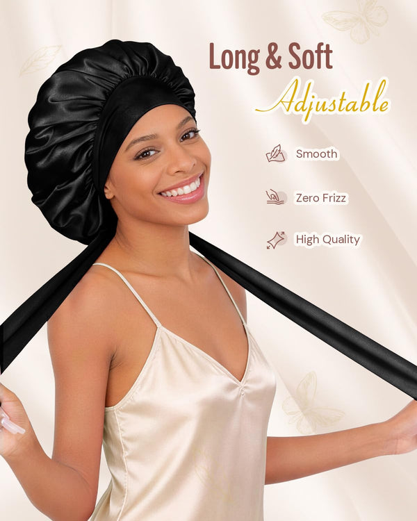BONNET QUEEN Double Layer Silk Bonnet for Sleeping for Women Satin Lined Bonnet Night Cap for Curly Hair with Tie Band,Black Medium Black