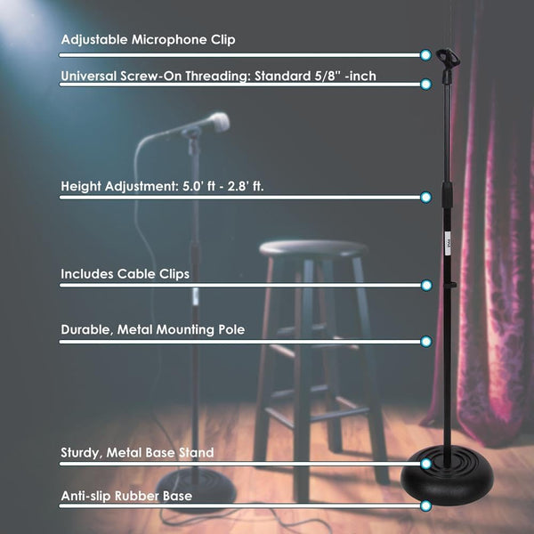 Pyle Adjustable Microphone Stand - Universal Mic Stand with Compact Heavy Base, Floor Standing Design, Height Adjustable, Pivot Angle Clip for