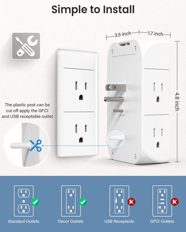 Wall Outlet Extender with Shelf and Night Light,Surge Protector,Usb Wall Charger with 5 AC Outlets and 3 USB Ports 1 USB C Outlet Wide Space