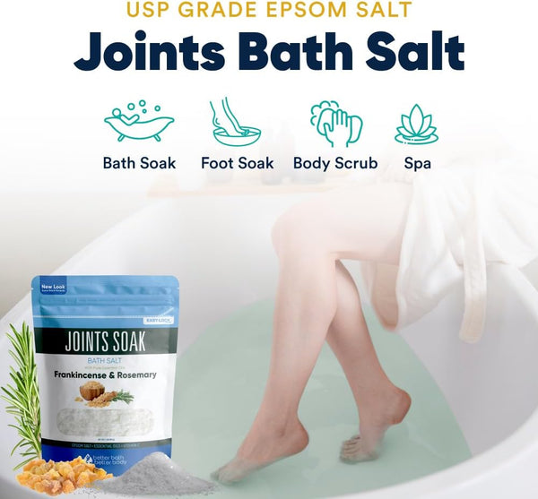 Joints Soak Bath Salt 32 Ounces Epsom Salt with Natural Rosemary, Frankincense and Peppermint Essential Oils Plus Vitamin C in BPA Free Pouch with