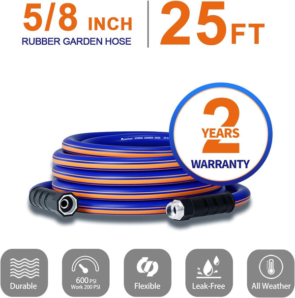 garden hose 25 ft x 5/8", Hybrid Rubber 25ft water hose, Durable, Anti-UV, Sturdy, No-Leakage, Lightweight, Flexible, Heavy Duty garden hoses with