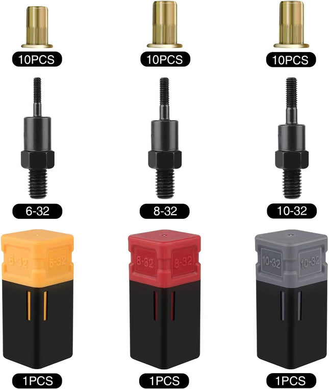 Rivet Nut Mandrels Set, Including 6-32 8-32 10-32 and 30 Rivnuts, Rivnut Tool Replacement Tips, Expanded Mandrels Kit fo