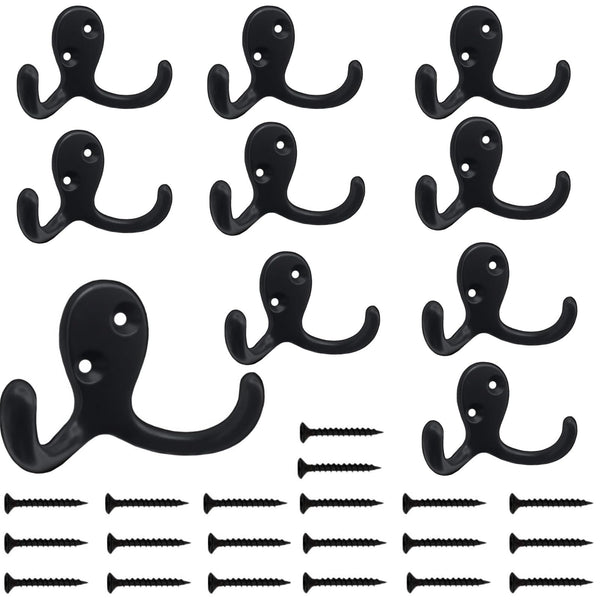 Kruodop 10 Pack Wall Hooks Wall Mounted Coat Hooks for Hanging Heavy Duty, Black Towel Hooks, Metal Double Coat Hanger with Screws Cup Retro for
