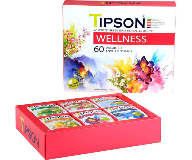 Tipson Wellness Variety Sampler: 6 Flavors | 6 Benefits (60 Tea Bags) - Green Te