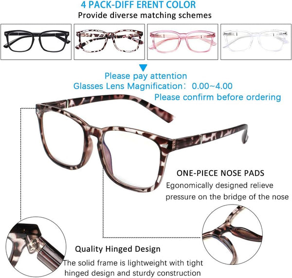 Henotin 4-Pack Blue Light Blocking Reading Glasses Women Men,Spring Hinge Computer Readers,Anti UV Ray Square Nerd Eyeglasses (Mixed Color, 1.25,