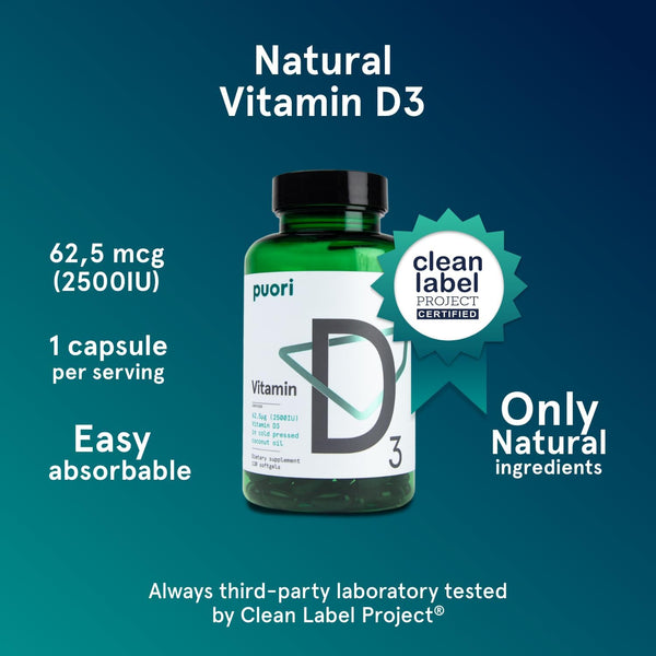 Puori Vitamin D3 with Organic Coconut Oil - 120 X 2500 IU - for Healthy Muscle Function, Bone Health, Immune Support and Calcium Uptake- Non-Gmo