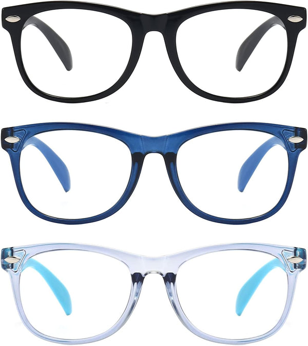 FANNYGO 3 Pack Kid Blue Light Glasses For Kids Girls Boys Computer Blue Light Kids Glasses Clear Glasses Age 3-9 (Black + Dark blue + Light blue)