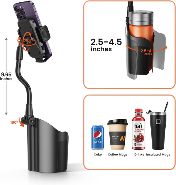 Cup Holder Phone Mount for Car, Universal 360Â° Adjustable Gooseneck Cell Phone Cup Holder Expander for Car Truck Compatible with Iphone Samsung &