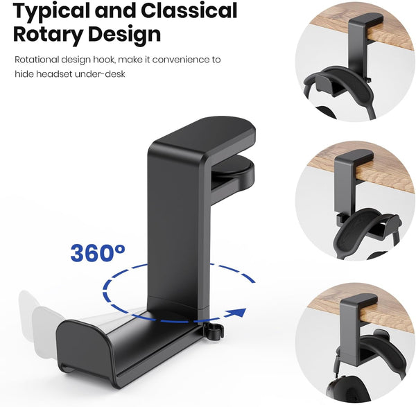 EURPMASK Rotating Headphone Stand - PC Gaming Headset Holder, Adjustable Clamp-on Under Desk Hanger With 360 Degree Swivel & Cable Clip Organizer