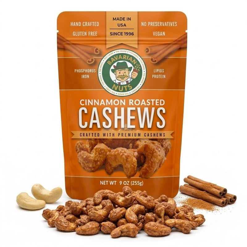 Magic Bavarian Cinnamon Roasted Cashews, 9 Oz - Sweet, Gluten-Free, Vegan Nuts, Made in the USA Cinnamon 9 Ounce (Pack of 1)