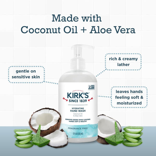 Kirk's Hydrating Hand Wash - Made with Coconut Oil and Aloe Vera, With Odor Neutralizing Technology To Help Eliminate Odors, Non-GMO, Vegan,