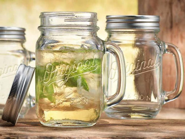 Glaver's Mason Jar 16 Oz. Glass Mugs with Handle and Lid Set Of 4 - Home Essentials & Beyond - Old Fashioned Drinking Glass Bottles Original Mason