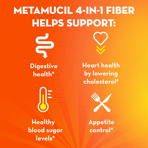 Metamucil On-The-Go, Daily Psyllium Husk Powder Supplement, Sugar-Free Powder, 4-in-1 Fiber for Digestive Health, Orange Flavored Drink, 44