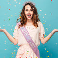 PQRUU Glitter Birthday Sash, Tiara and Rhinestone Headband Set - Pink Birthday Accessories for Her Pink Glitter