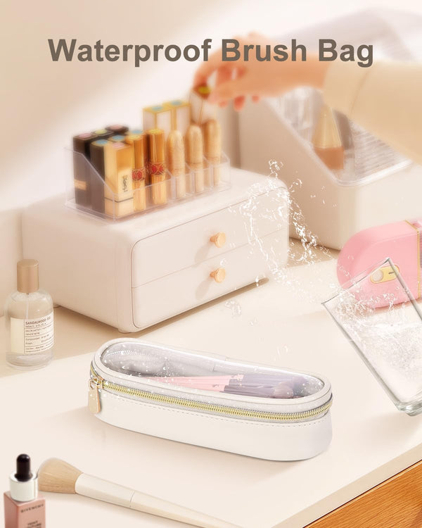 Soimeat Clear Travel Makeup Brush Holder, Leather Makeup Brush Toiletry Bag, Portable Cosmetic Brush Case, Transparent Waterproof Makeup Brush