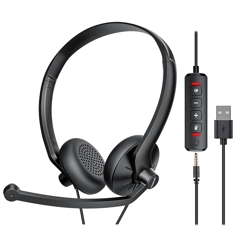 USB Headset with Microphone for PC Laptop - Wired Computer Headphones with Noise Cancelling Microphone for Home Office Online Class Skype Zoom
