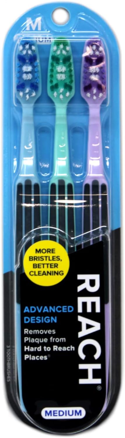 Reach Advanced Design Medium Toothbrushes, Colors May Vary, 3 Count (Pack of 2) Total 6 Toothbrushes, 18087 Purple 1 Count (Pack of 6)
