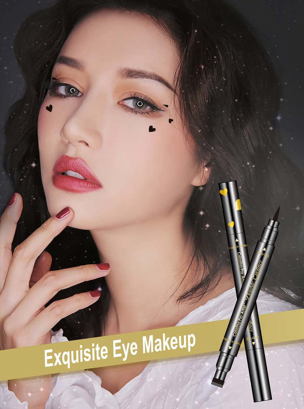 6 Pcs Double-Headed Eyeliner Stamps Set Black Liquid Eye Liner Pen with Star,Moon,Heart,Flower,Smiley,Triangle Stamp Stencils Shapes for Women