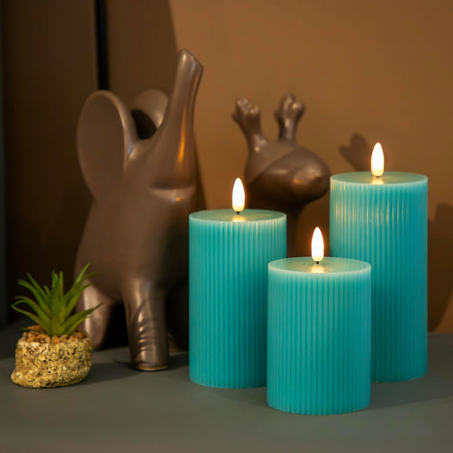 ANGELLOONG Teal Flameless Candles with Remote, Battery Operated LED Candles with Timer, Set of 3, Real Wax Fake Pillar C