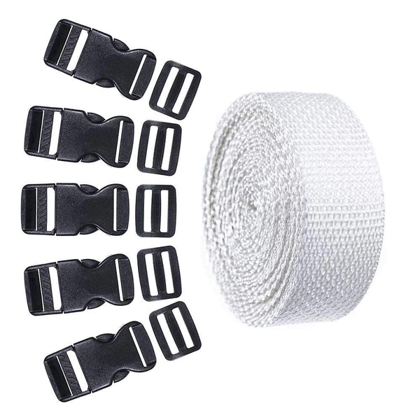 5 Set Each of 1 Inch Flat Side Release Buckles and Tri-Glides with 5 Yards of Nylon Webbing Straps - Ideal for DIY Luggage Straps, Pet Collar,