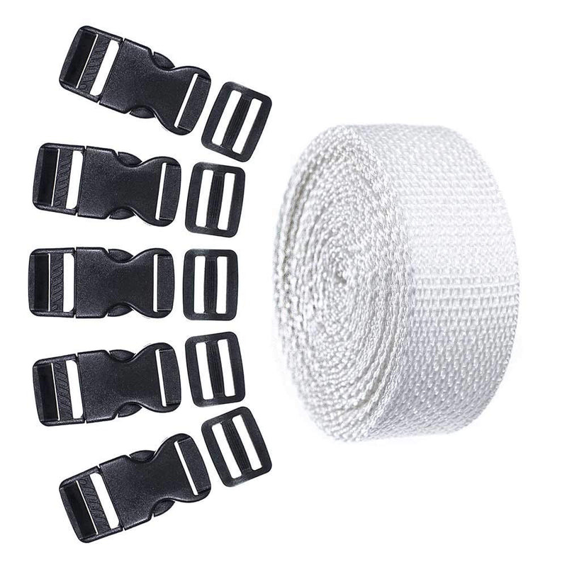 5 Set Each of 1 Inch Flat Side Release Buckles and Tri-Glides with 5 Yards of Nylon Webbing Straps - Ideal for DIY Luggage Straps, Pet Collar,