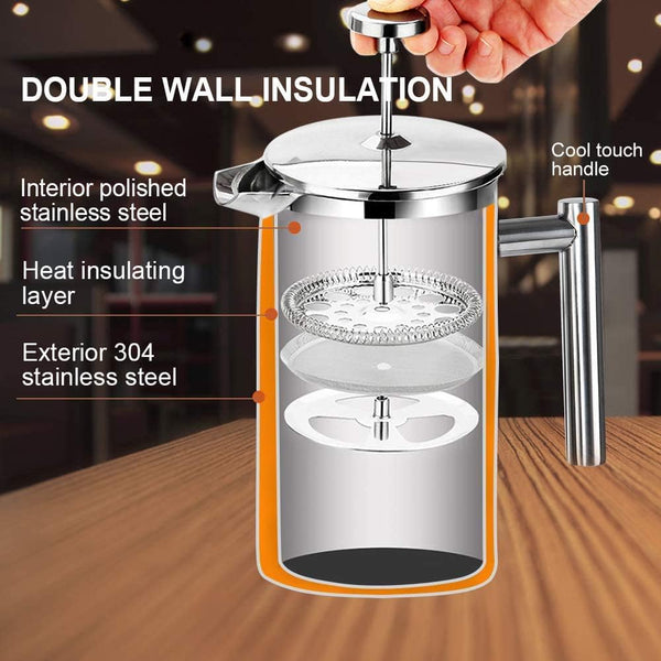 Secura French Press Coffee Maker, 304 Grade Stainless Steel Insulated Coffee Press with 2 Extra Screens, 50oz (1.5 Litre), Silver Silver 50 oz